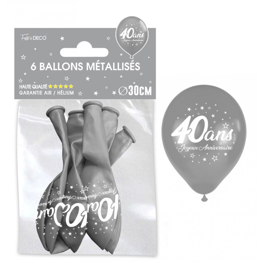 SACHET  DE 6 BALLONS METAL ARGENT 40 ANS