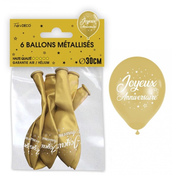 SACHET  DE 6 BALLONS METAL OR JOYEUX ANNIVERSAIRE