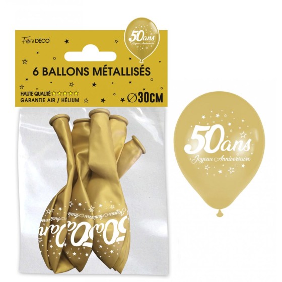 SACHET  DE 6 BALLONS METAL OR 50 ANS