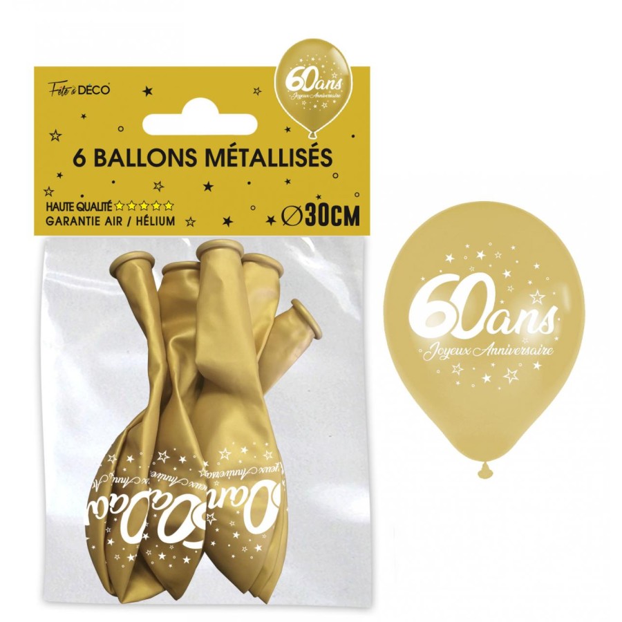 SACHET  DE 6 BALLONS METAL OR 60 ANS