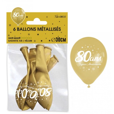 SACHET  DE 6 BALLONS METAL OR 80 ANS