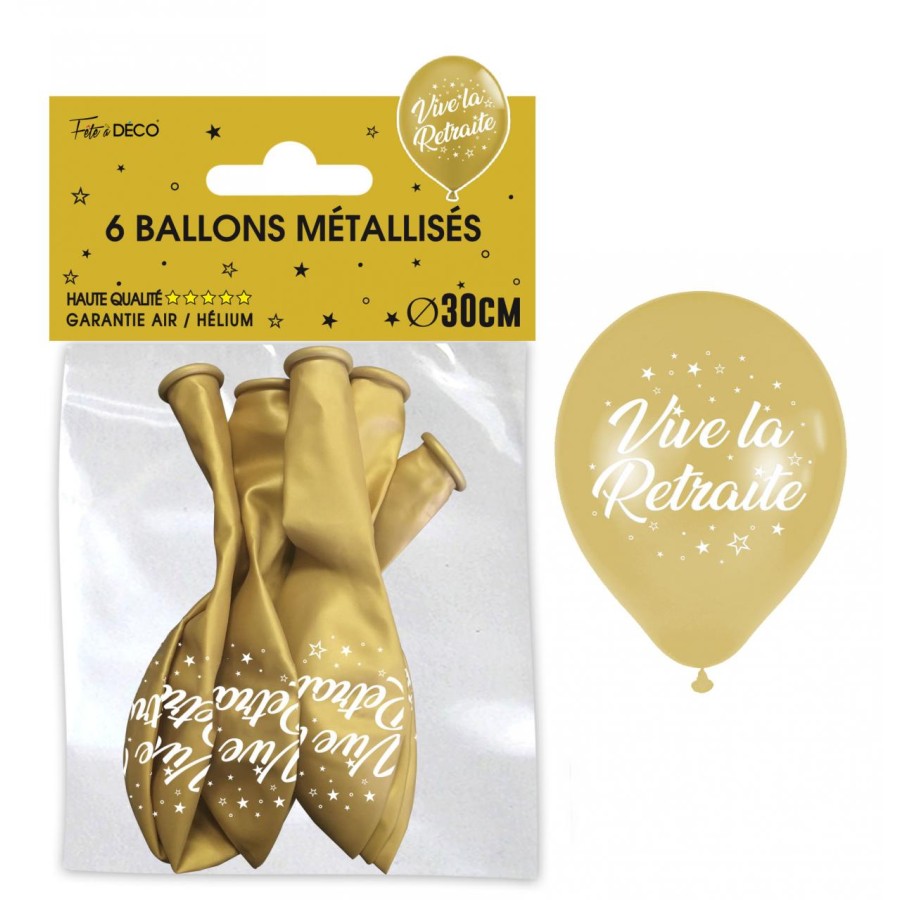 SACHET  DE 6 BALLONS METAL OR VIVE LA RETRAITE