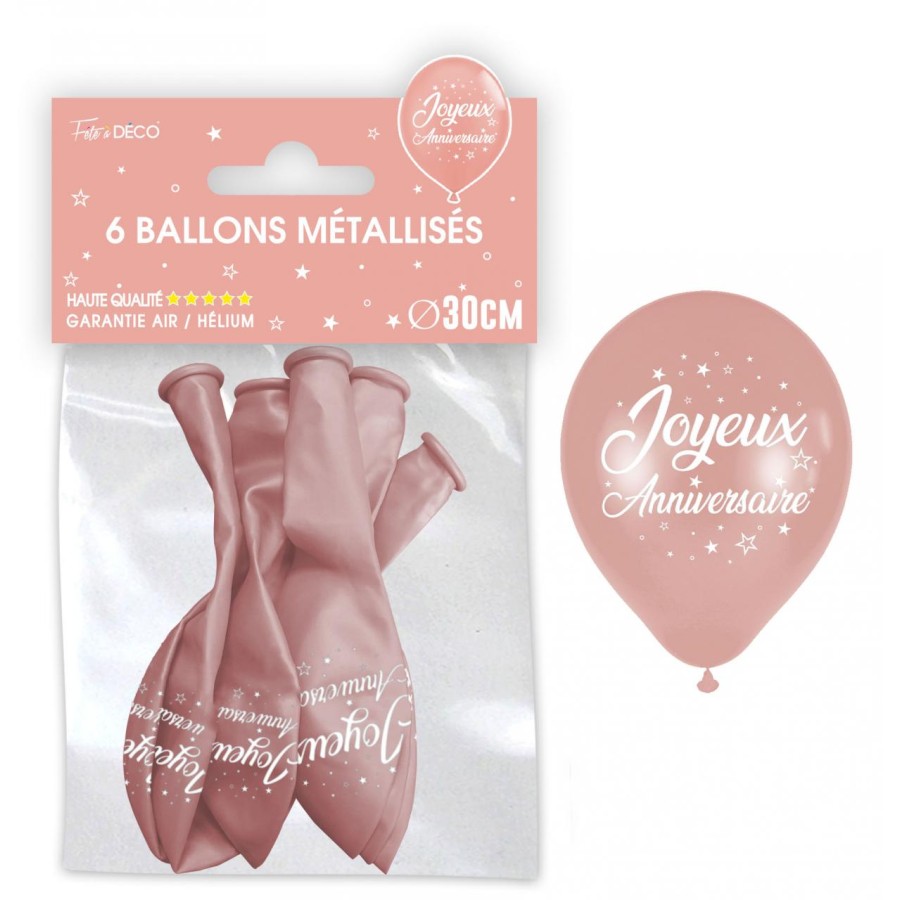 SACHET  DE 6 BALLONS METAL ROSE GOLD JOYEUX ANNIVERSAIRE