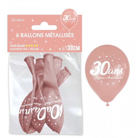 SACHET  DE 6 BALLONS METAL ROSE GOLD 30 ANS