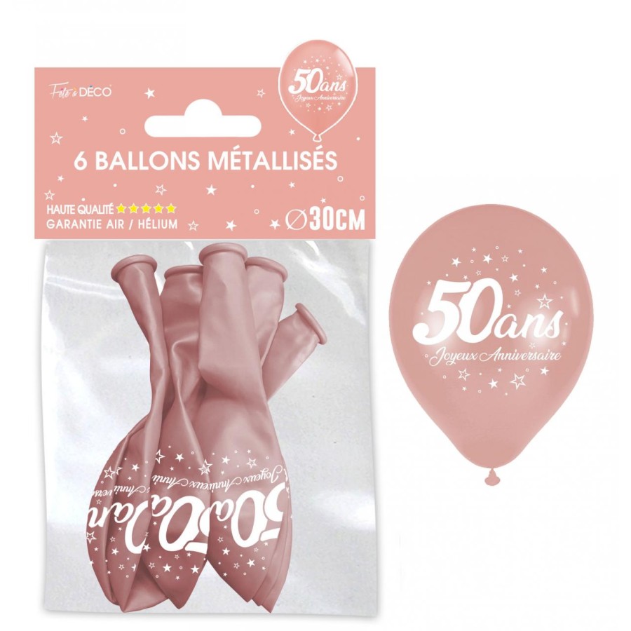 SACHET  DE 6 BALLONS METAL ROSE GOLD 50 ANS