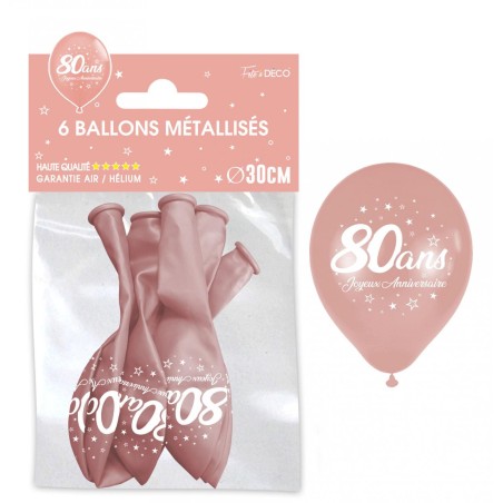 SACHET  DE 6 BALLONS METAL ROSE GOLD 80 ANS