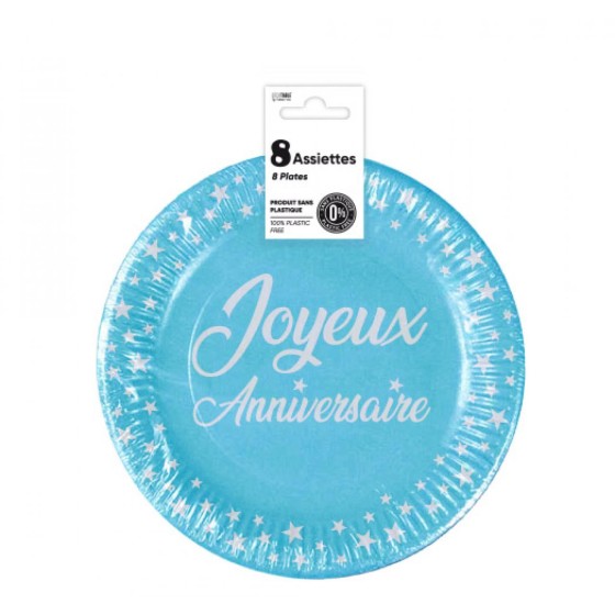 ASSIETTES X 8 ANNIVERSAIRE 18CM BLEU