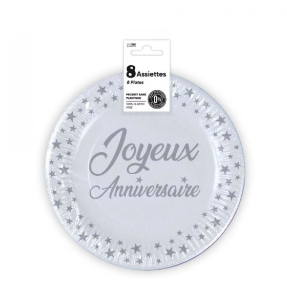 ASSIETTES X 8 ANNIVERSAIRE 18CM BLANC