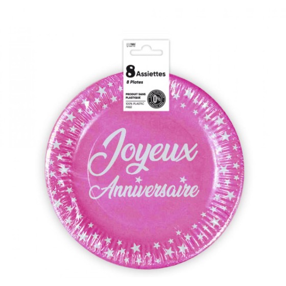 ASSIETTES X 8 ANNIVERSAIRE 18CM FUCHSIA