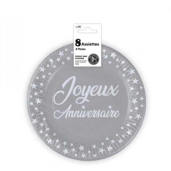 ASSIETTES X 8 ANNIVERSAIRE 18CM GRIS