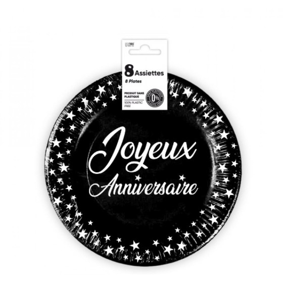 ASSIETTES X 8 ANNIVERSAIRE 18CM NOIR