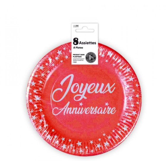 ASSIETTES X 8 ANNIVERSAIRE 18CM ROUGE