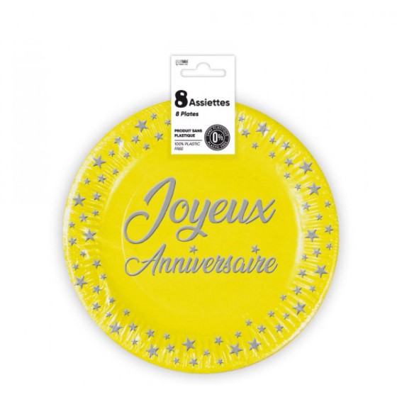 ASSIETTES X 8 ANNIVERSAIRE 23CM JAUNE