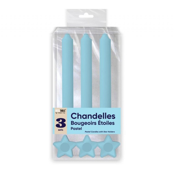 BOUGIES CHANDELLES X 3 SUPPORTS ETOILE BLEU