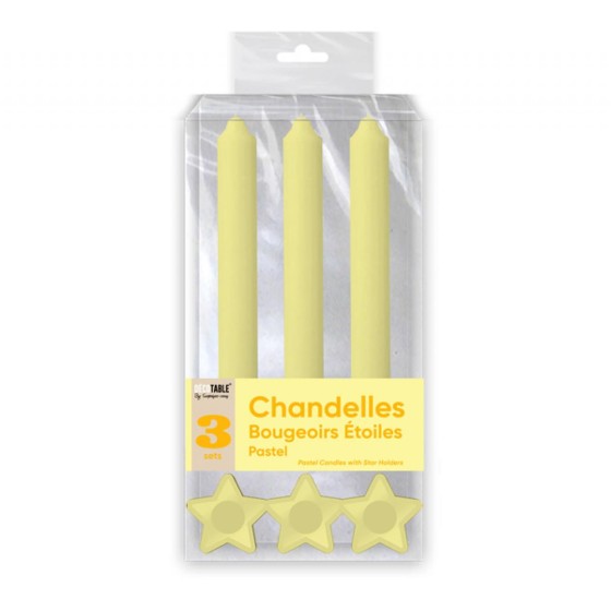 BOUGIES CHANDELLES X 3 SUPPORTS ETOILE JAUNE