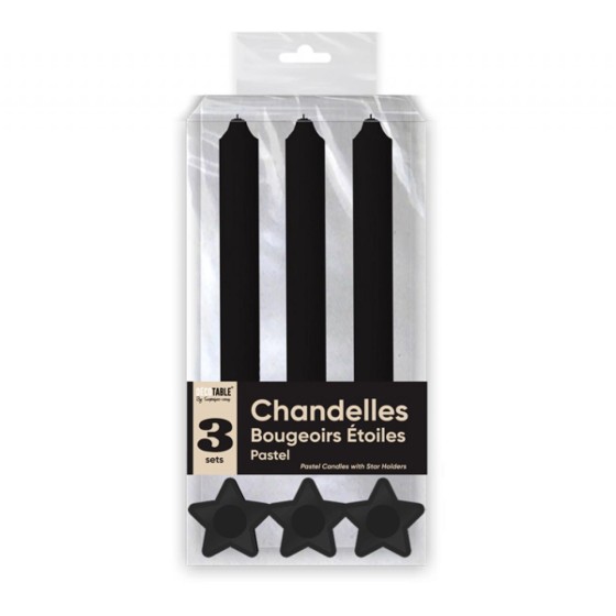 BOUGIES CHANDELLES X 3 SUPPORTS ETOILE NOIR