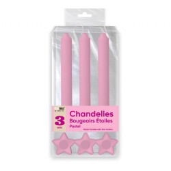 BOUGIES CHANDELLES X 3 SUPPORTS ETOILE ROSE
