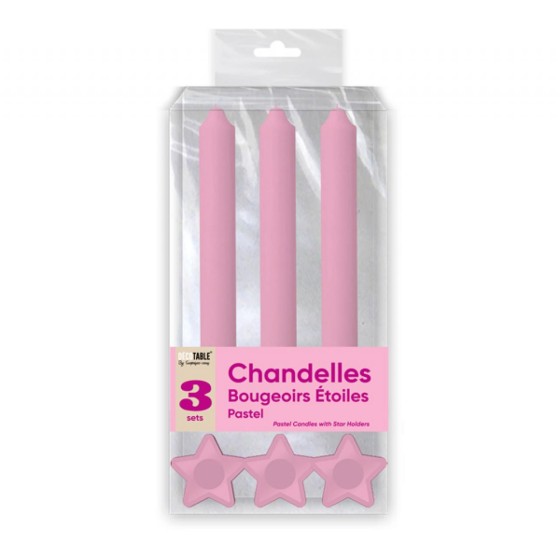 BOUGIES CHANDELLES X 3 SUPPORTS ETOILE ROSE