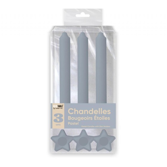 BOUGIES CHANDELLES X 3 SUPPORTS ETOILE GRIS