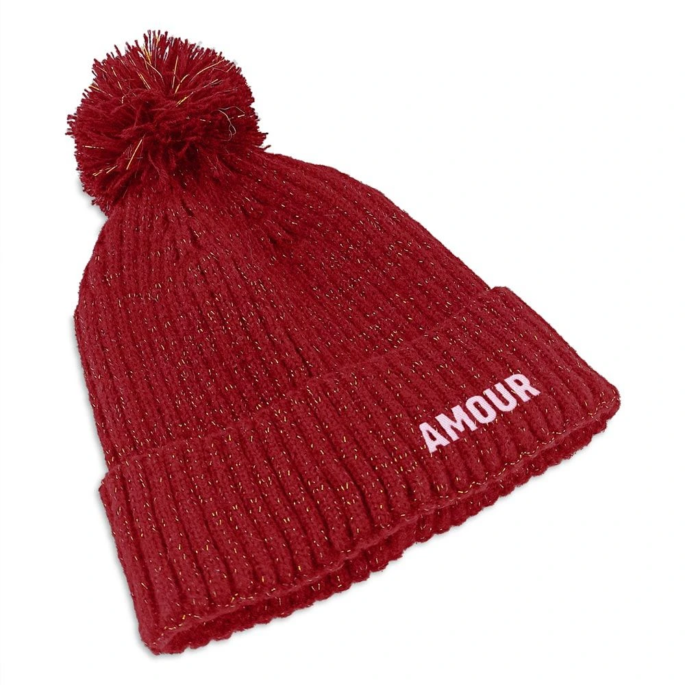 Bonnet Paillettes Pompon Amour Rouge