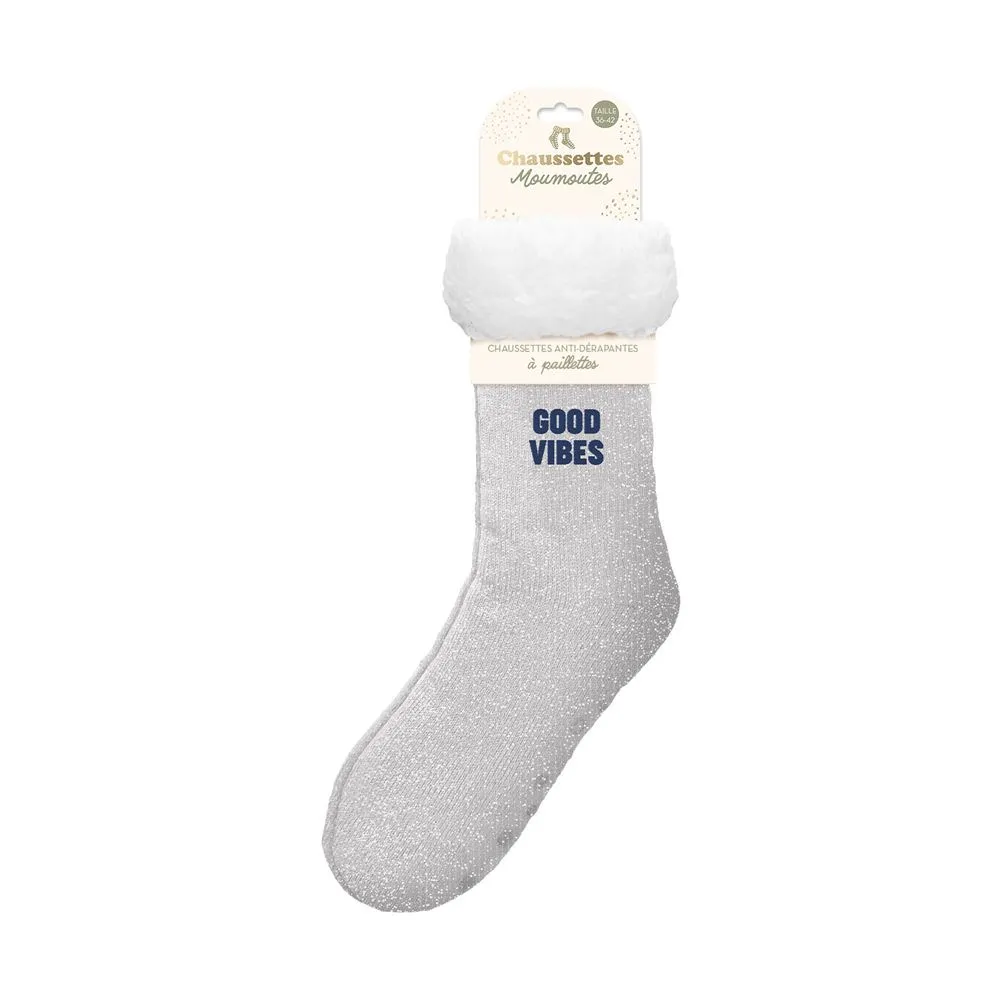[STC-CD9361V12] Chaussettes Moumoutes Paillettes Good Vibres Gris