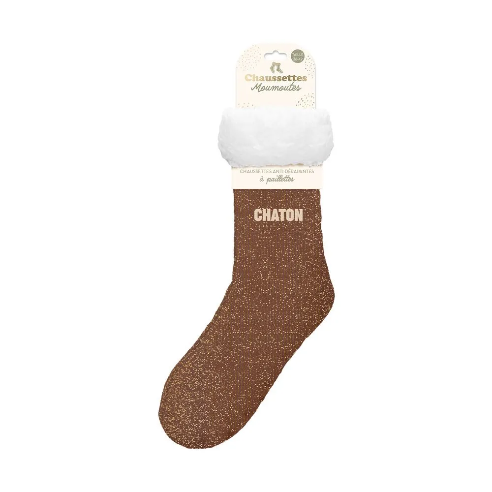[STC-CD9361V14] Chaussettes Moumoutes Paillettes Chaton Marron