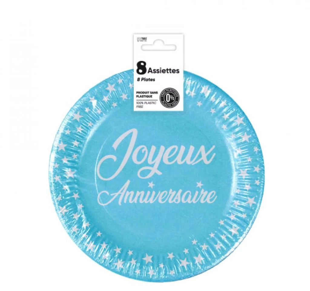 Assiettes X 8 Anniversaire 18Cm Bleu