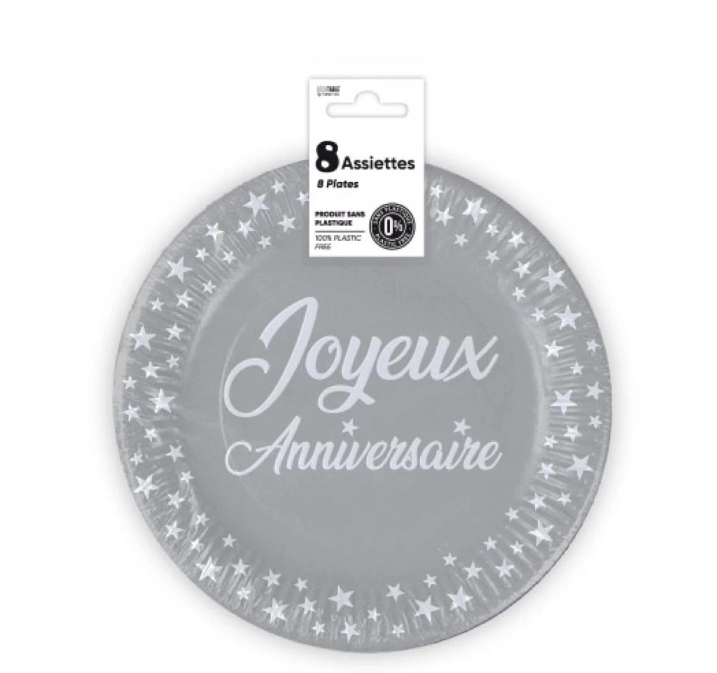Assiettes X 8 Anniversaire 18Cm Gris