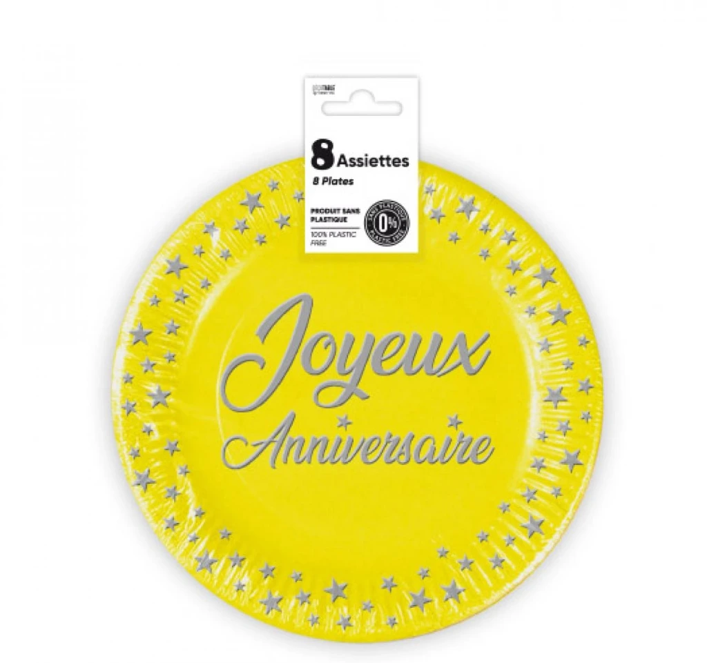 Assiettes X 8 Anniversaire 18Cm Jaune