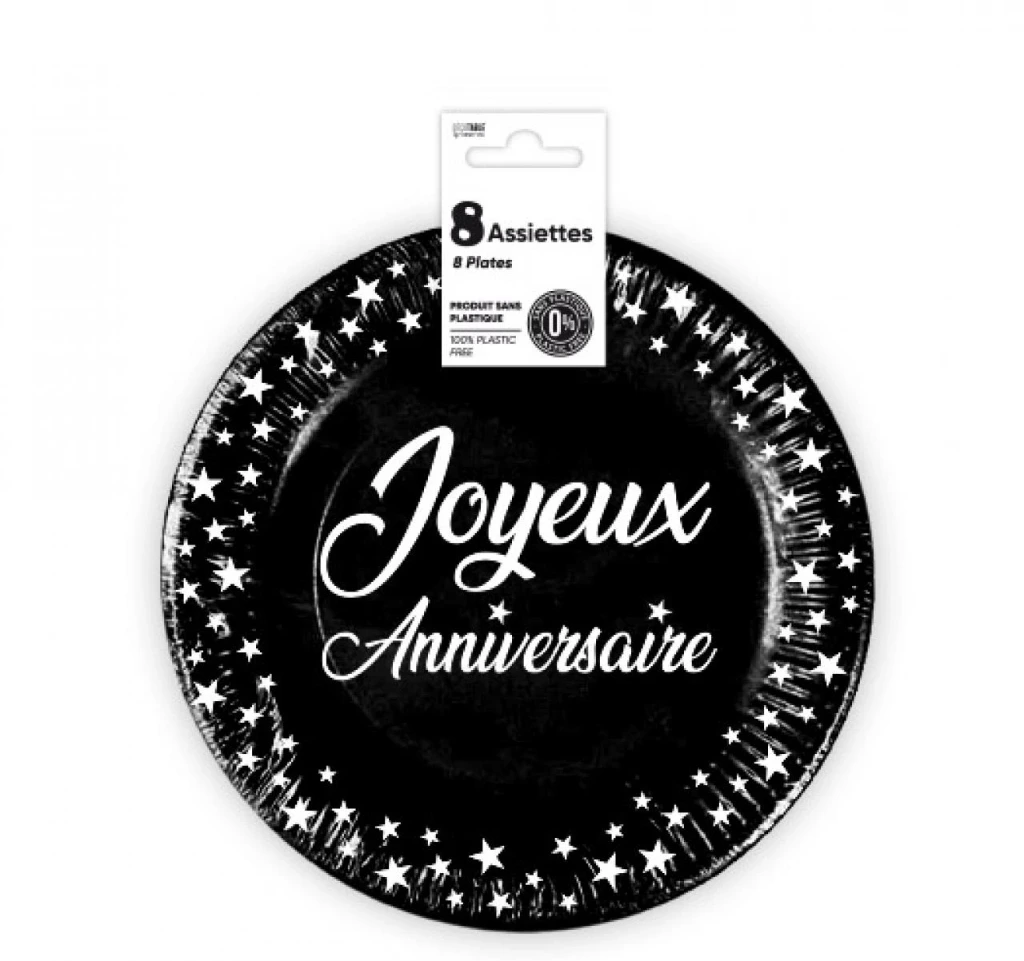 Assiettes X 8 Anniversaire 18Cm Noir