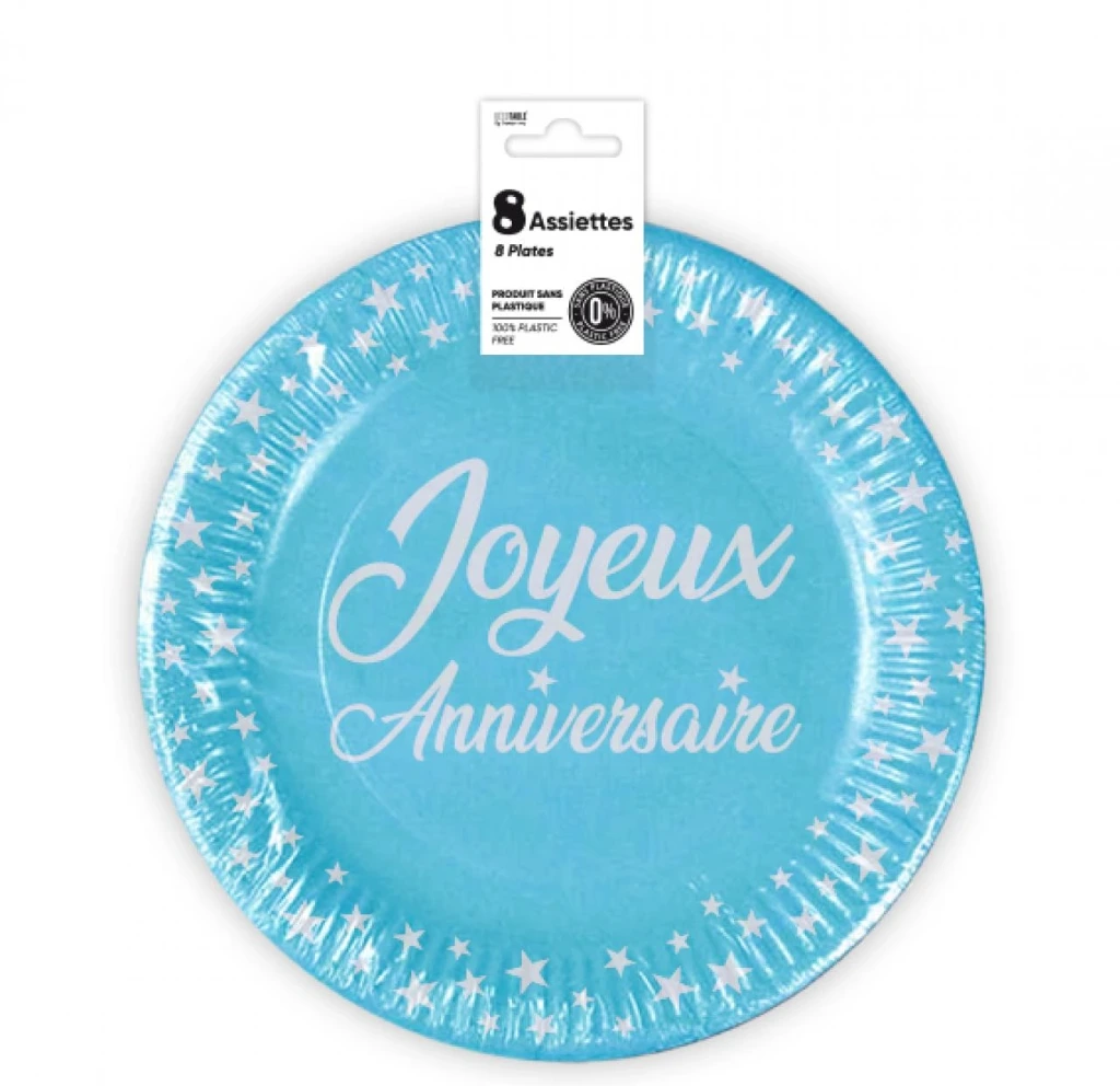 Assiettes X 8 Anniversaire 23Cm Bleu