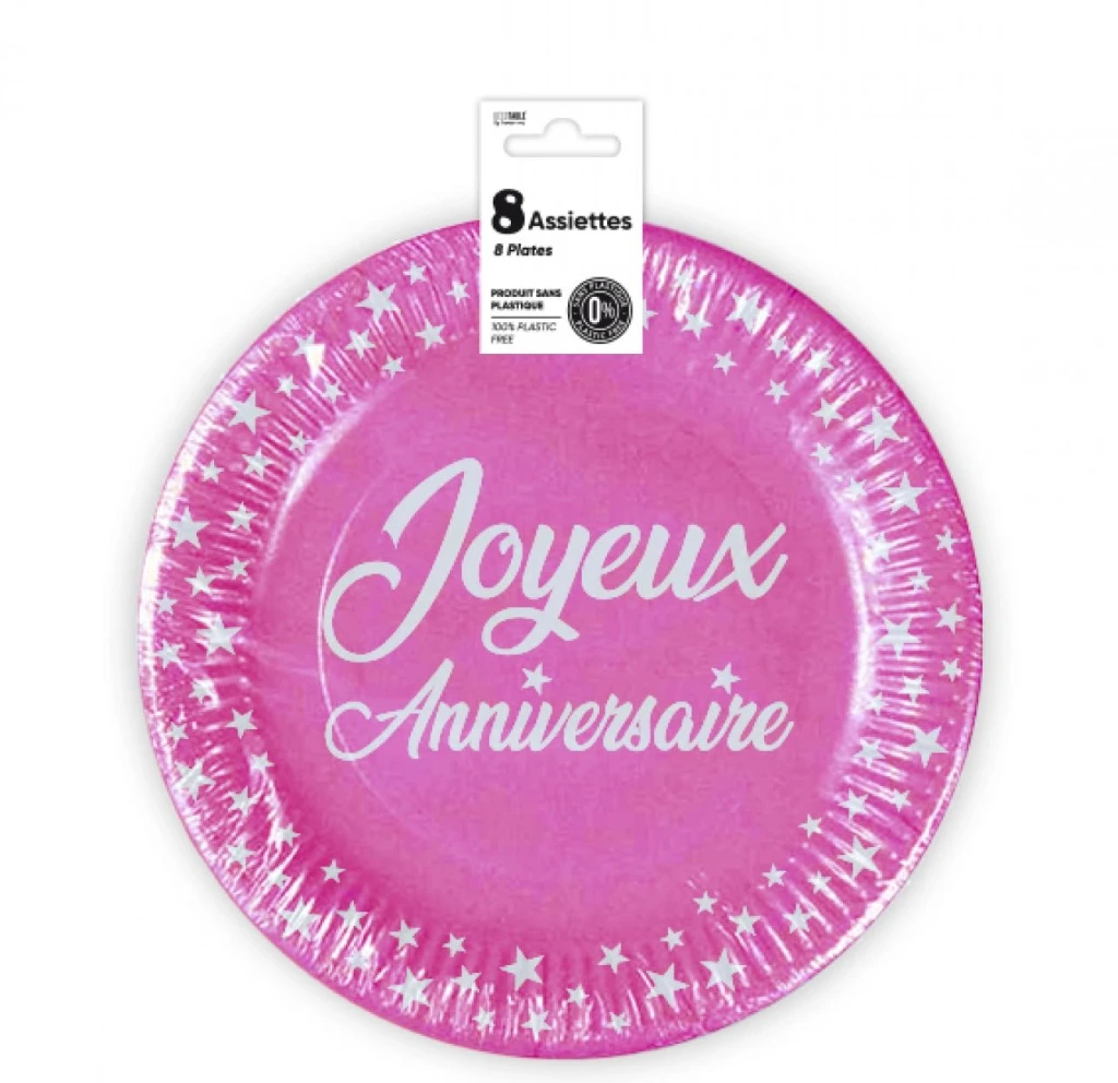 Assiettes X 8 Anniversaire 23Cm Fuchsia