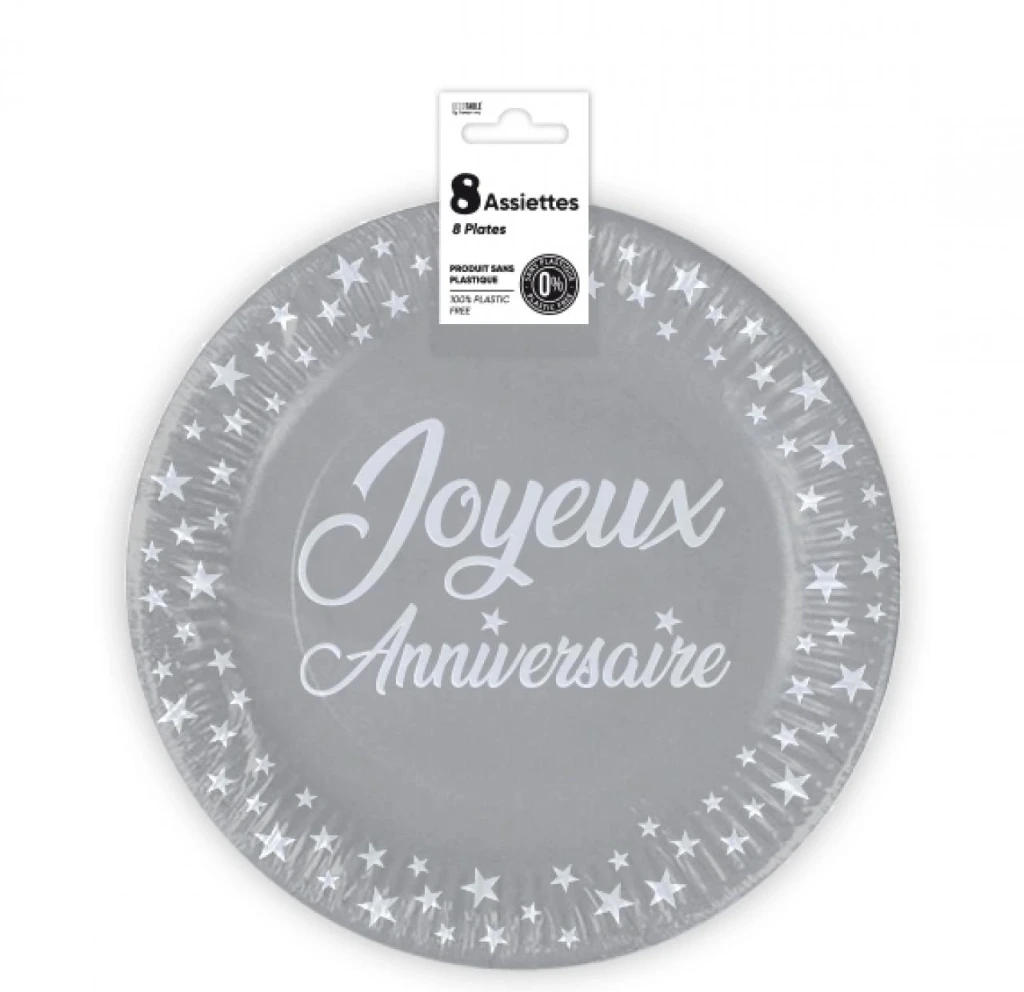 Assiettes X 8 Anniversaire 23Cm Gris