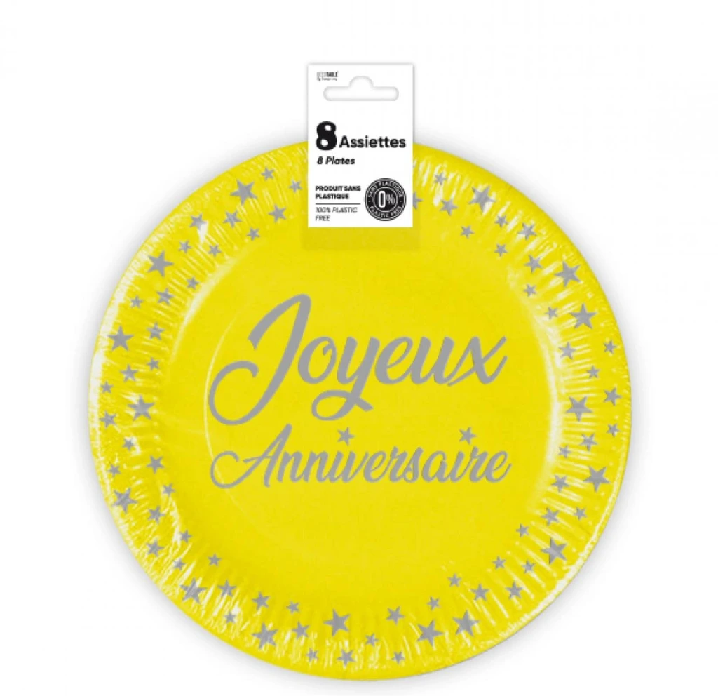 Assiettes X 8 Anniversaire 23Cm Jaune