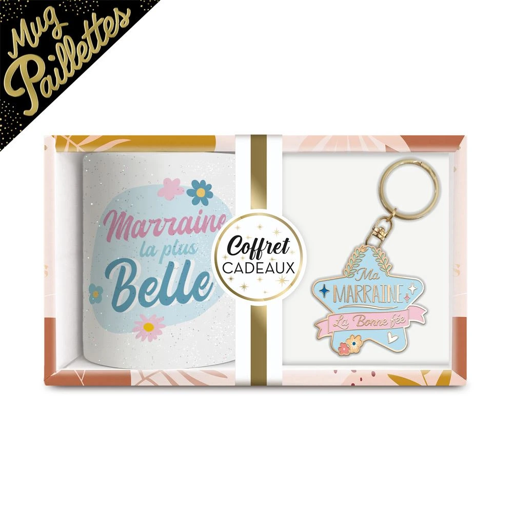 [STC-CD7006C_11] Coffret Mug Porte Cle "Marraine" A Paillettes
