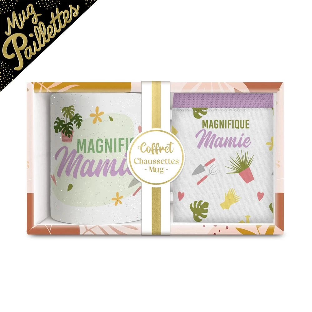 Coffret Mug/Chaussettes Magnifique Mamie A Paillettes