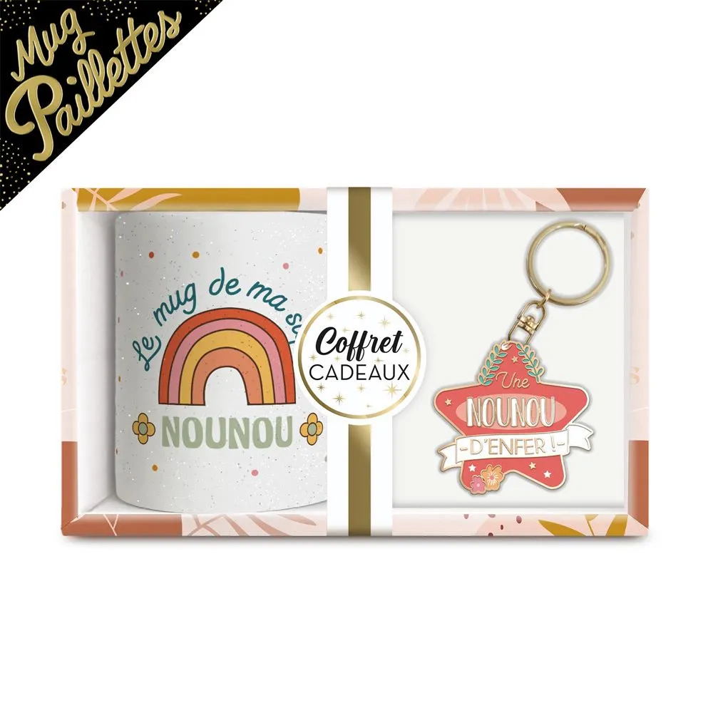 [STC-CD7006C_07] Coffret Mug Porte Cle "Nounou D Enfer" A Paillettes