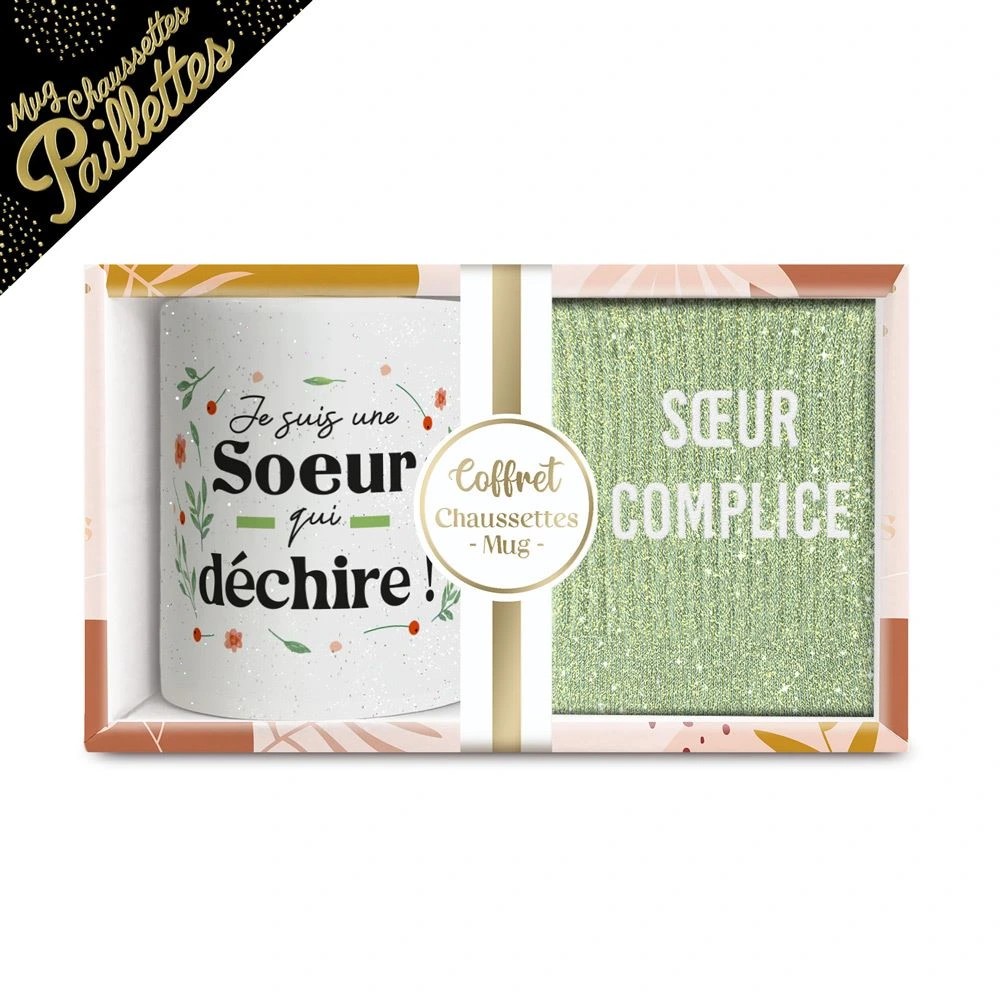 [STC-CD8672BV05] Coffret Mug Chaussettes Paillettes Affectif Soeur Complice
