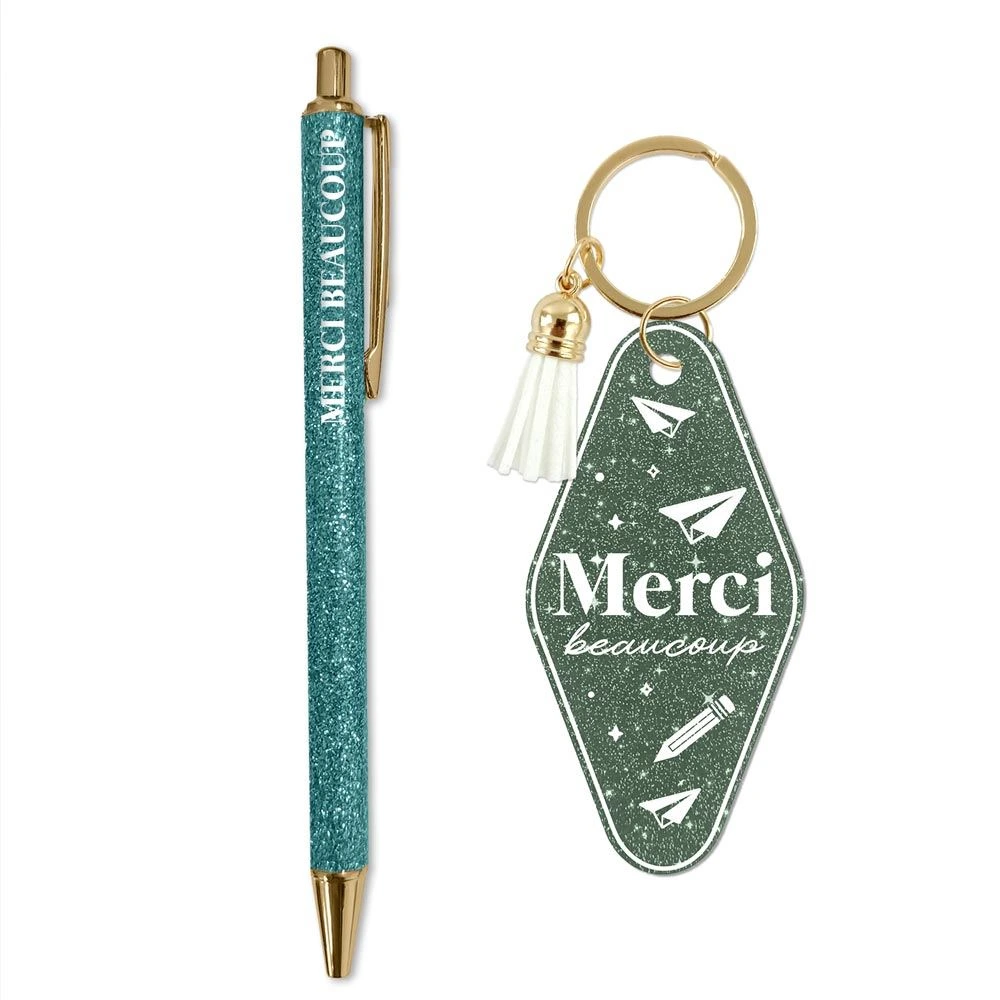 [STC-CD10536V03] Duo paillettes porte-clés motel et stylo merci beaucoup