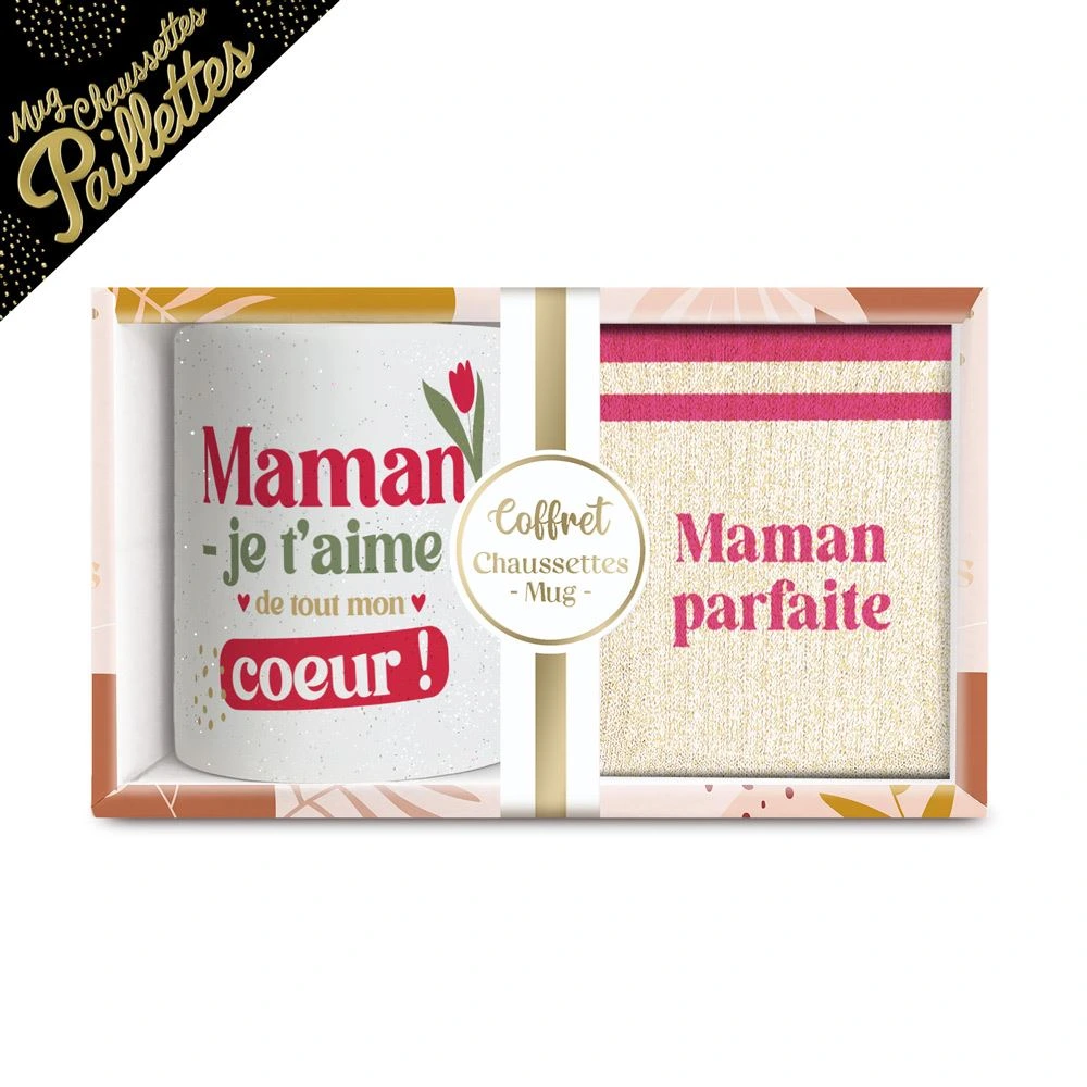 [STC-CD8672V33] Coffret Mug Chaussettes Paillettes Affectif Maman Parfaite