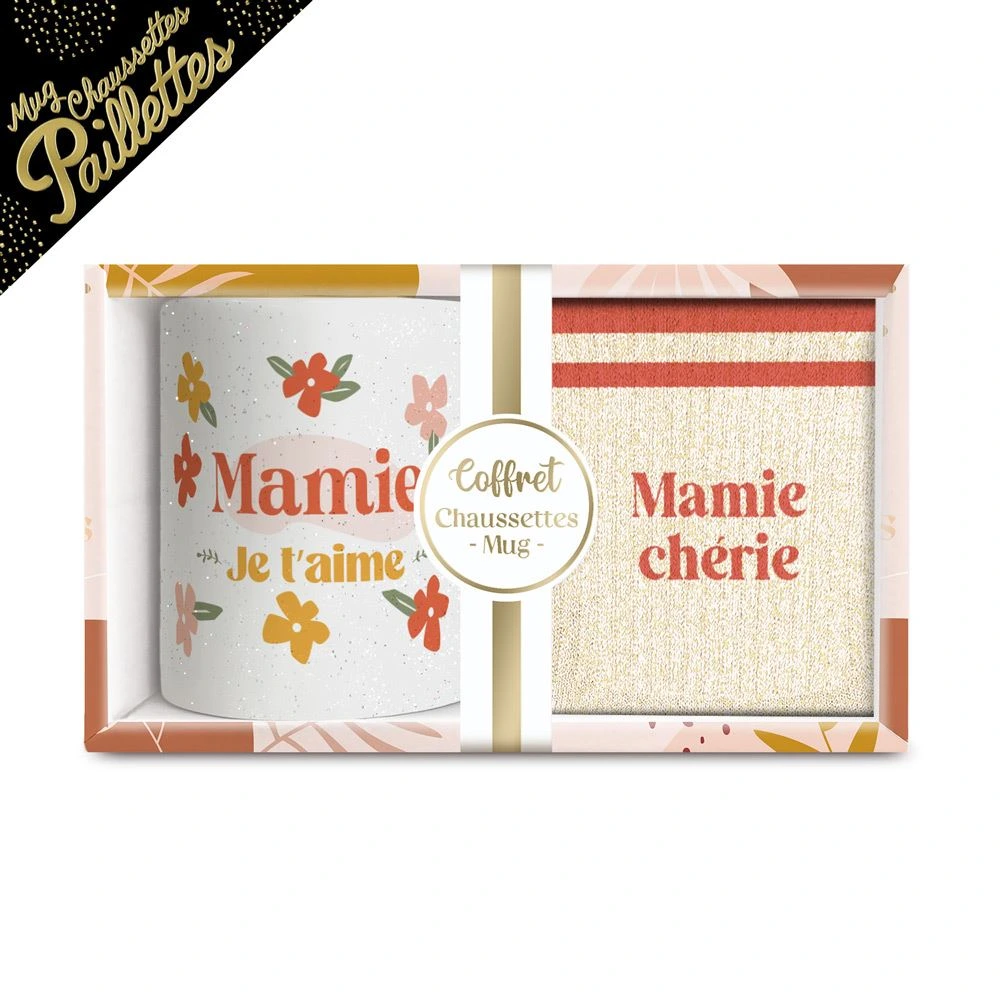[STC-CD8672V34] Coffret Mug Chaussettes Paillettes Affectif Mamie Cherie