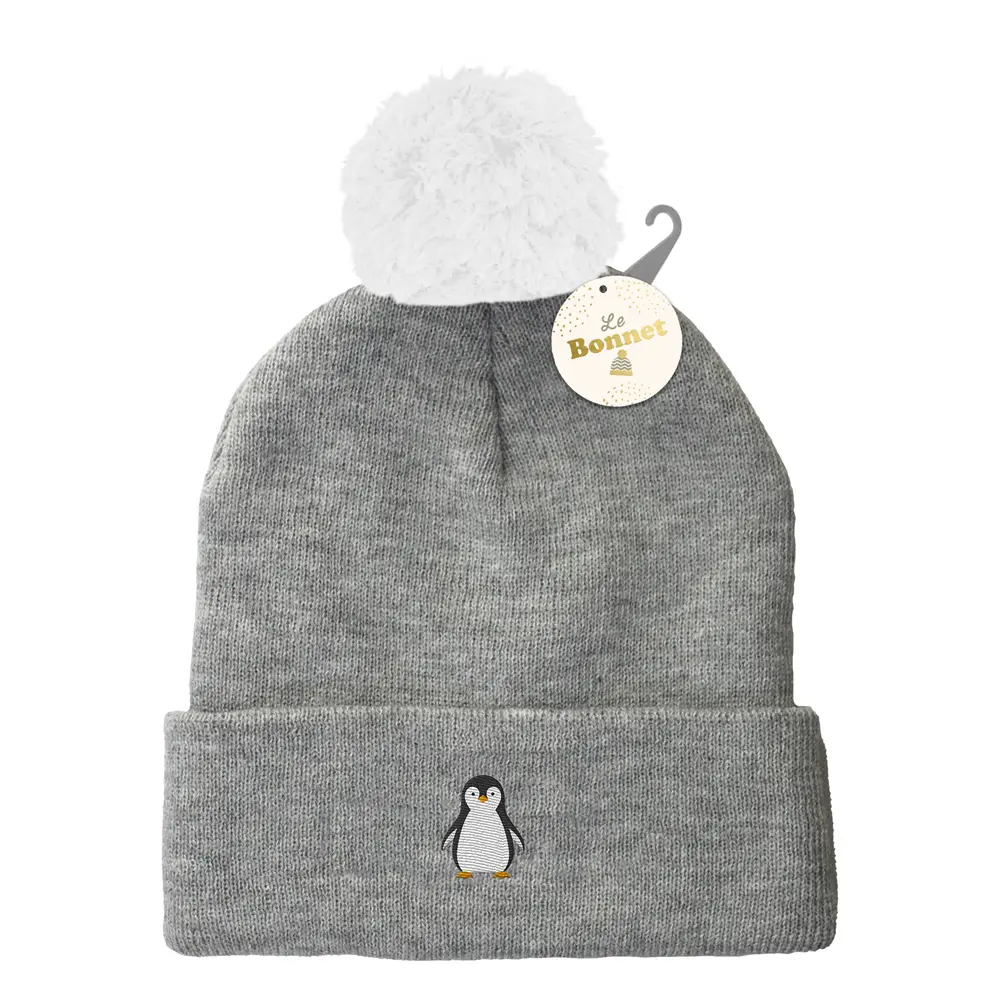 [STC-CD8424V02] Bonnet pompon brode pingouin